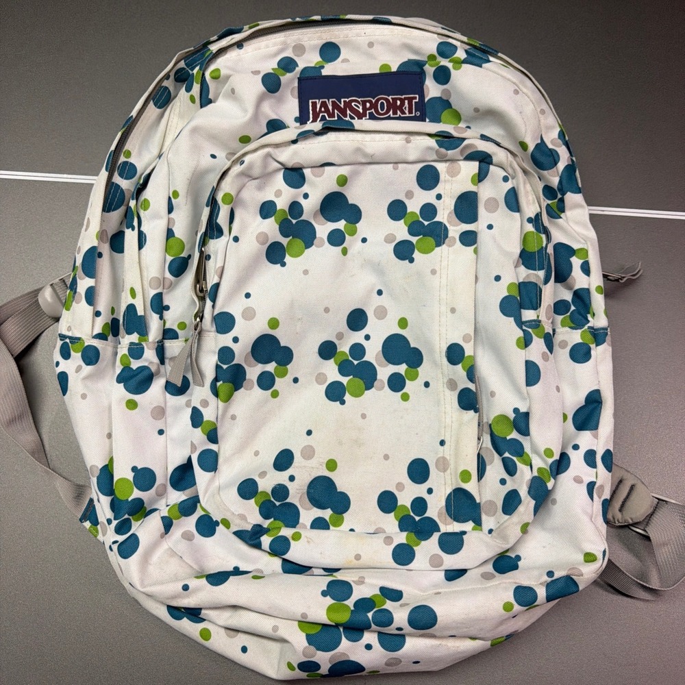 JanSport full-size backpack with a white, green, and blue polka dot pattern